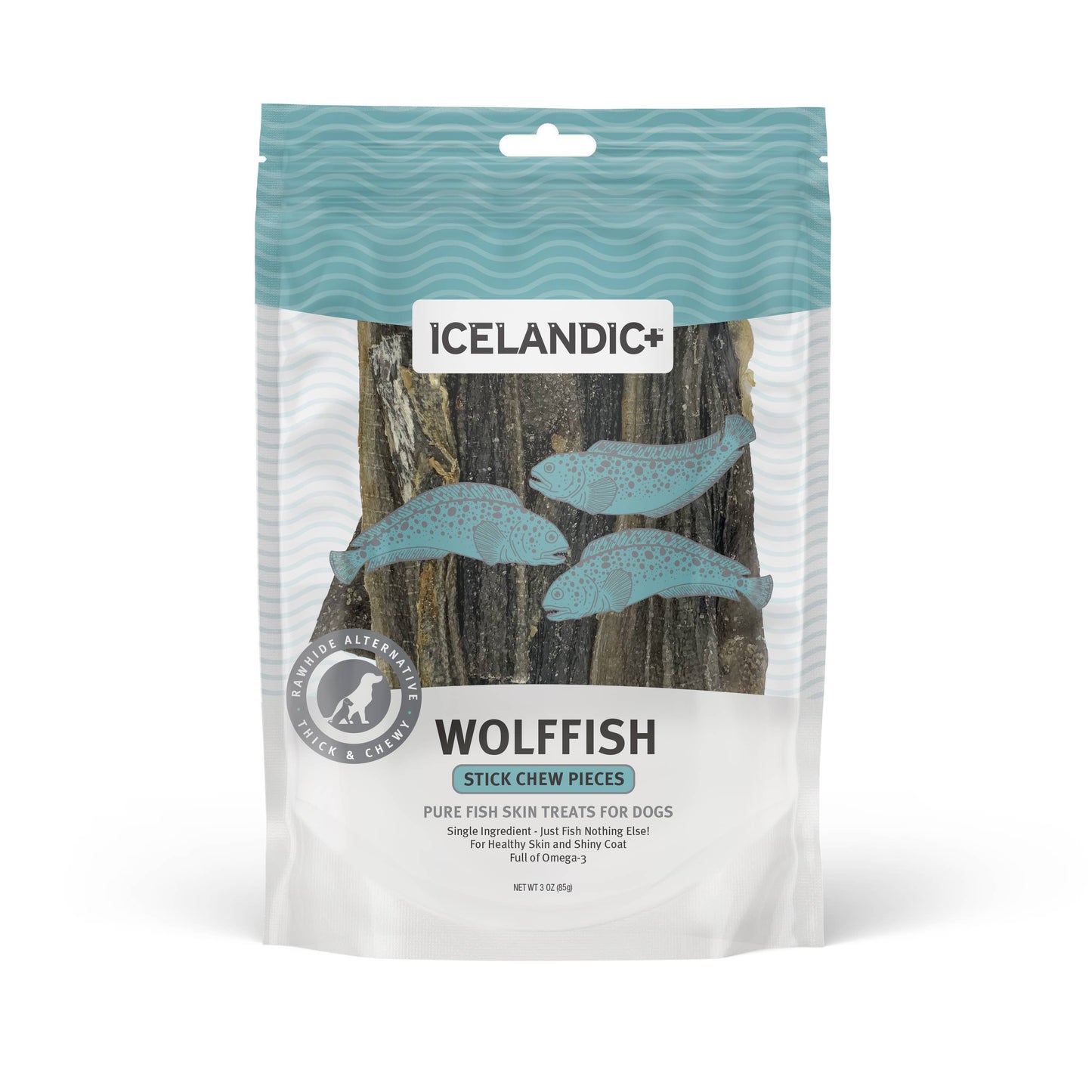 Wolffish Stick & Pieces Fish Skin Chew Dog Treat: 3.0-oz Bag | Icelandic+