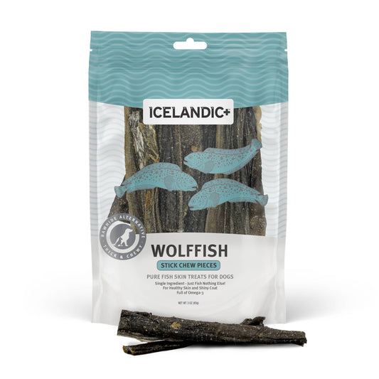 Wolffish Stick & Pieces Fish Skin Chew Dog Treat: 3.0-oz Bag | Icelandic+