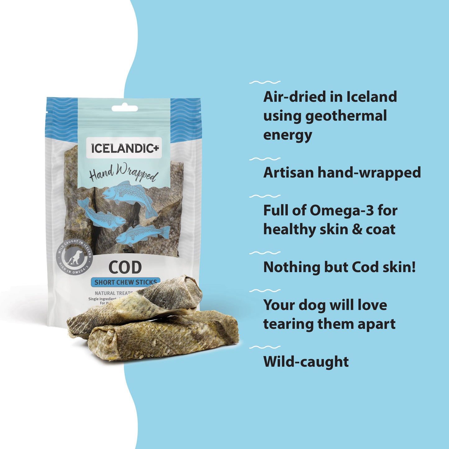 Hand Wrapped Cod Skin 5" Short Chew Stick 3-Pack | Icelandic+